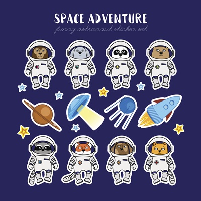 Set of cute animal astronauts, rocket, satellite, UFO, stars in cosmos stickers, cartoon style vector illustration. Stickers with cartoon animal cosmonauts in space suites, rocket, sattelite and ufo
